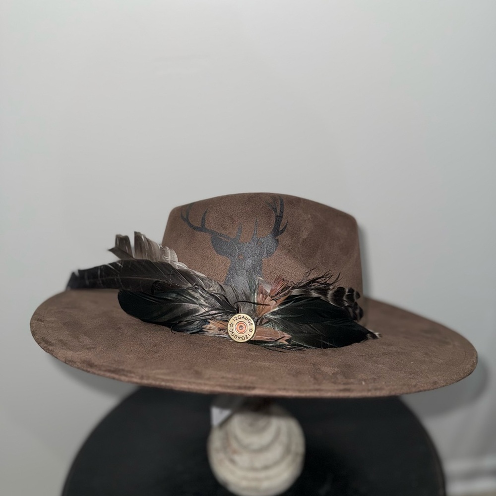 Brown Feather Trim Flat Brim Hat with Buck